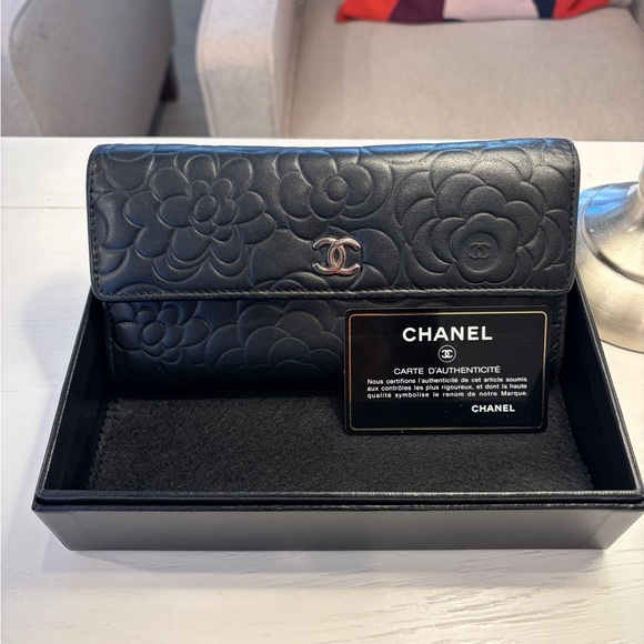 CHANEL Handbags - CHANEL Black Quilted Camellia Leather Wallet with CC Logo